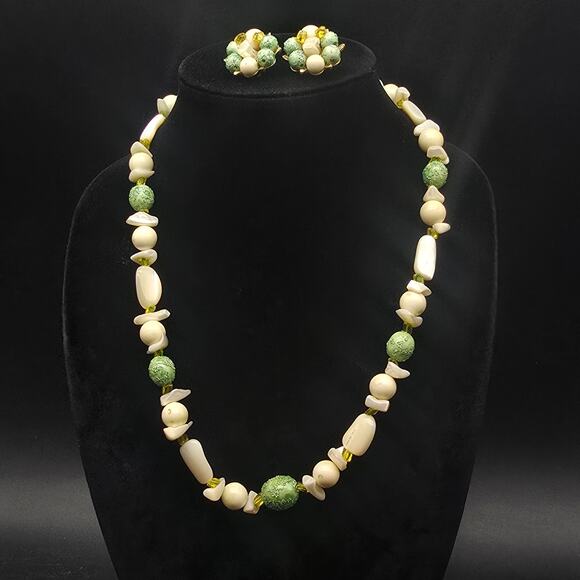 Arthur Pepper Green Beige Necklace Earrings Set Clip On Vintage Jewelry - Picture 2 of 11
